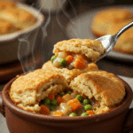 A cozy bowl of homemade Vegetable Pot Pie with a spoon breaking through the fluffy biscuit topping to reveal the creamy filling.