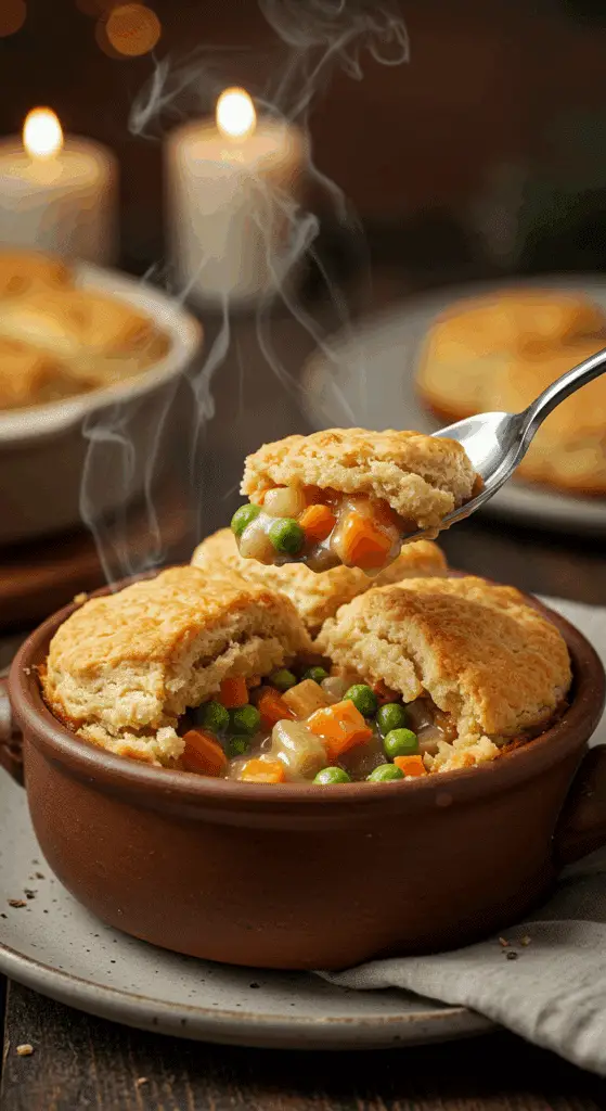 A cozy bowl of homemade Vegetable Pot Pie with a spoon breaking through the fluffy biscuit topping to reveal the creamy filling.