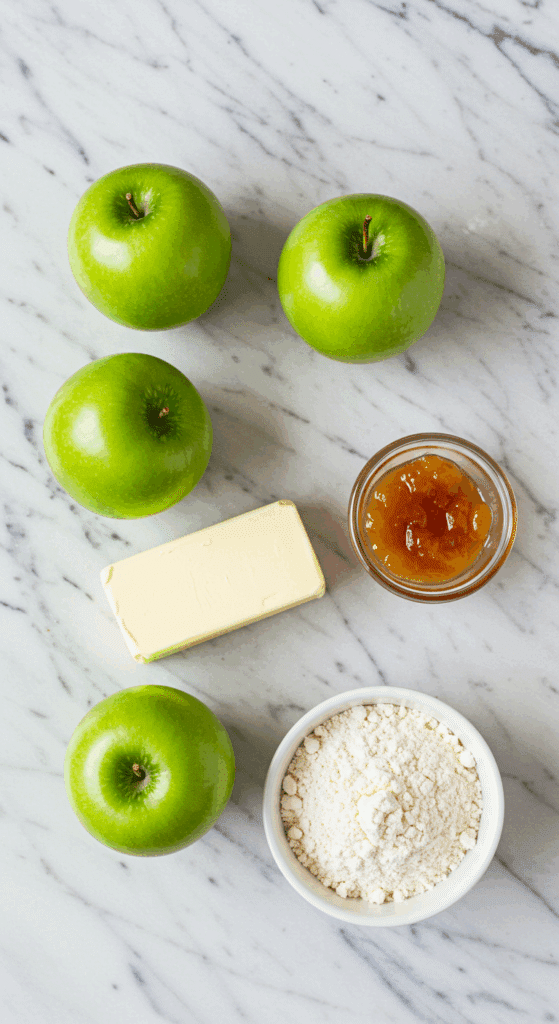 The simple, classic ingredients for the from-scratch French Apple Tart recipe.
