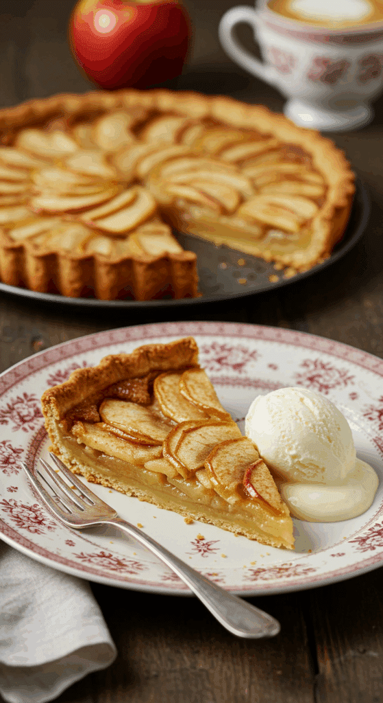 An elegant slice of French Apple Tart being served with a scoop of vanilla ice cream for dessert.