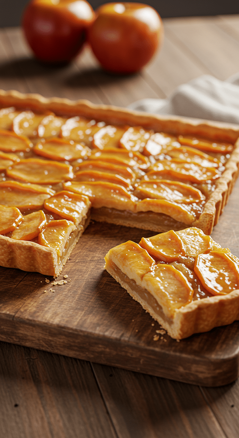 A beautiful, golden-brown, homemade French Apple Tart with a glossy glaze and a perfect slice cut out.
