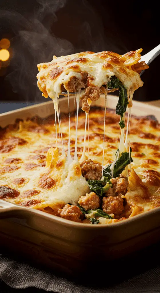 A beautiful, golden-brown homemade baked Sausage and Escarole Pasta in a casserole dish with a cheesy, creamy scoop removed.