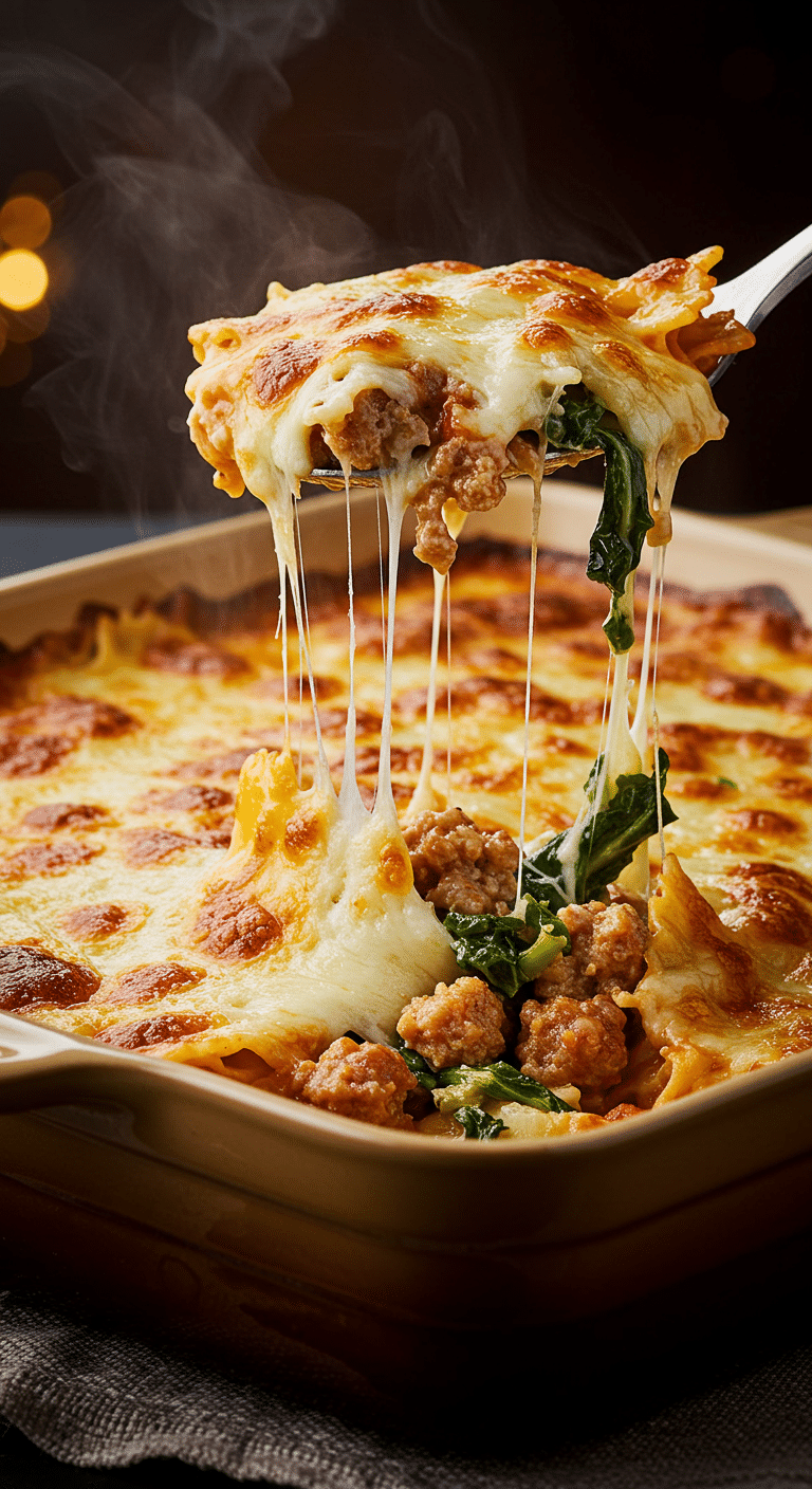 A beautiful, golden-brown homemade baked Sausage and Escarole Pasta in a casserole dish with a cheesy, creamy scoop removed.