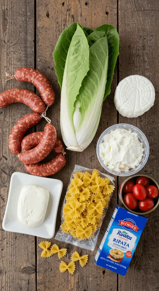 The fresh, from-scratch ingredients for the classic, creamy Sausage and Escarole Baked Pasta recipe.