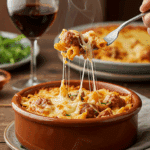 A cozy bowl of homemade, cheesy and creamy Sausage and Escarole Baked Pasta being served for a family dinner.