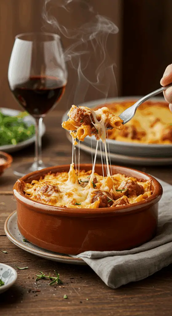 A cozy bowl of homemade, cheesy and creamy Sausage and Escarole Baked Pasta being served for a family dinner.