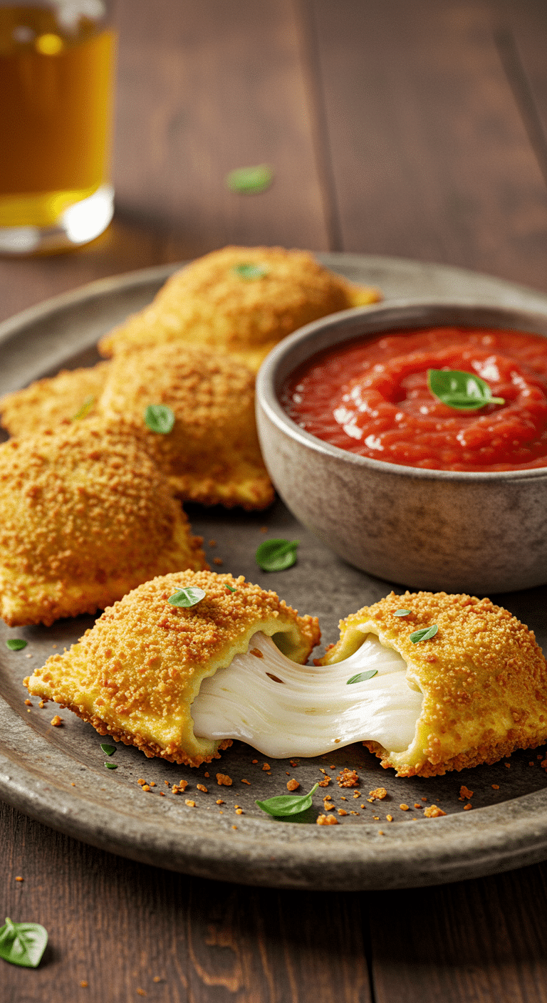 A beautiful platter of crispy, golden-brown homemade Fried Ravioli with a long, gooey cheese pull.