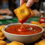 A hand dipping a crispy, homemade Fried Ravioli into a bowl of marinara sauce at a party.