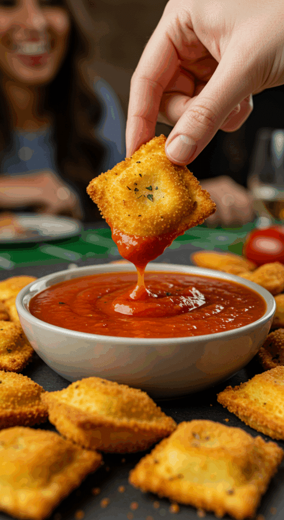 A hand dipping a crispy, homemade Fried Ravioli into a bowl of marinara sauce at a party.