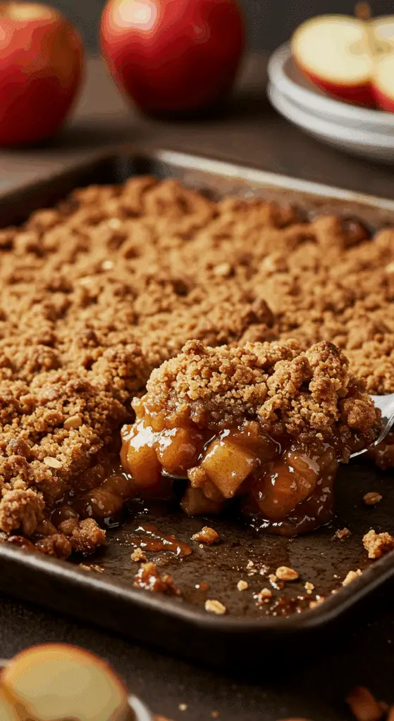 A beautiful, golden-brown, homemade Sheet-Pan Apple Crumble with an extra-thick and crispy oat topping.