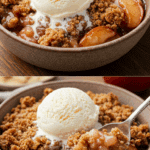 A close-up of a warm bowl of Sheet-Pan Apple Crumble with a scoop of vanilla ice cream melting on top.