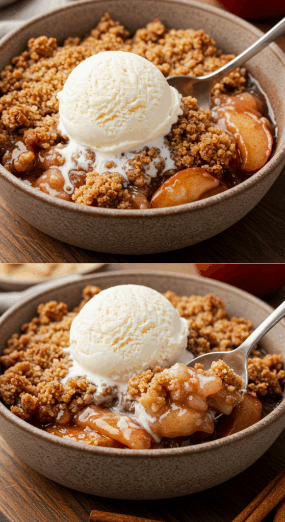 A close-up of a warm bowl of Sheet-Pan Apple Crumble with a scoop of vanilla ice cream melting on top.