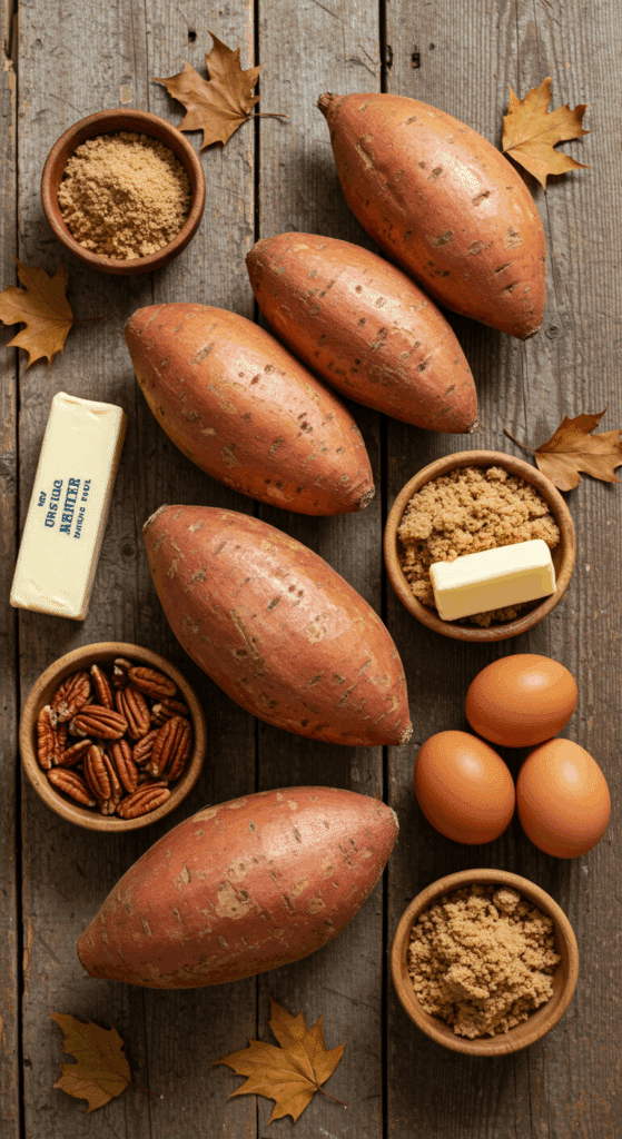 The simple, wholesome ingredients for the savory Sweet Potato Casserole recipe.