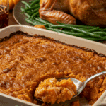 The beautiful, finished savory Sweet Potato Casserole being served as a side dish at a festive Thanksgiving dinner.