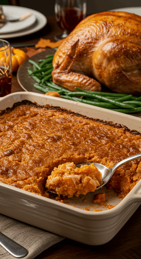 The beautiful, finished savory Sweet Potato Casserole being served as a side dish at a festive Thanksgiving dinner.