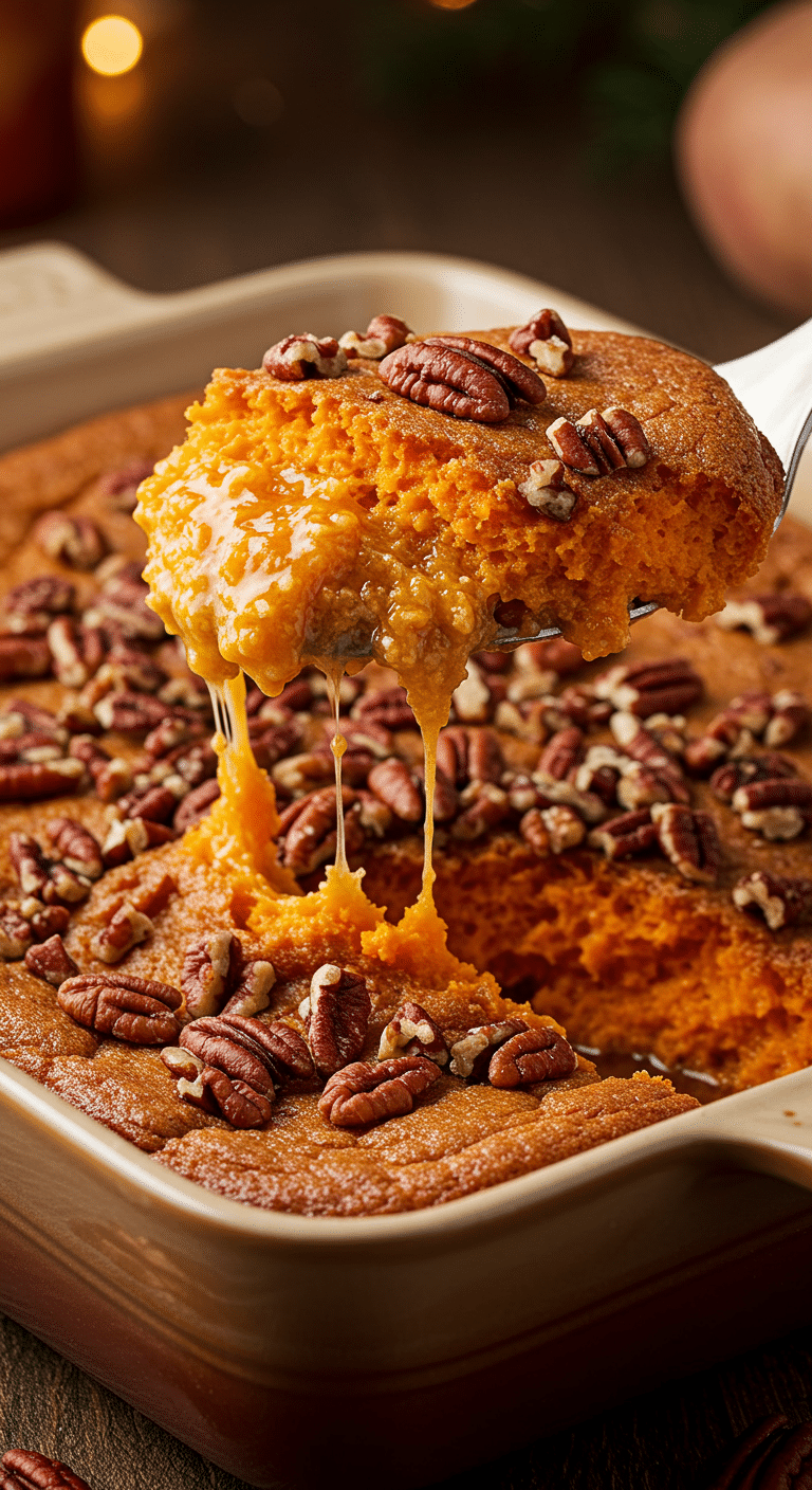 A beautiful, golden-brown, homemade savory Sweet Potato Casserole with a fluffy texture and a toasted pecan topping.