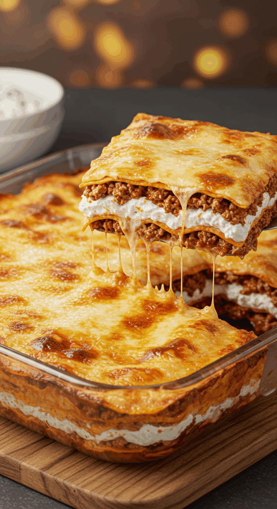 A beautiful, bubbly, golden-brown Healthy Cottage Cheese Lasagna with a perfect, layered slice being lifted out.