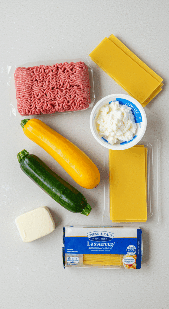 The fresh, healthy ingredients for the Cottage Cheese Lasagna recipe.