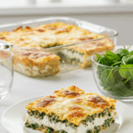 A healthy, beautiful slice of Cottage Cheese Lasagna served on a plate with a side salad.