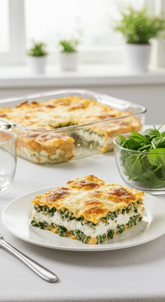A healthy, beautiful slice of Cottage Cheese Lasagna served on a plate with a side salad.