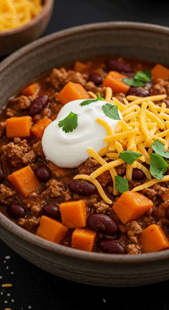 A beautiful, rustic bowl of hearty, homemade Turkey Sweet Potato Chili, garnished with sour cream, cheese, and cilantro.