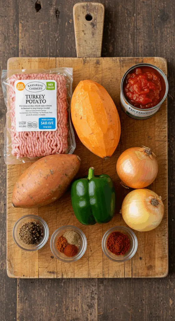 The fresh, wholesome ingredients for the hearty, from-scratch Turkey Sweet Potato Chili recipe.