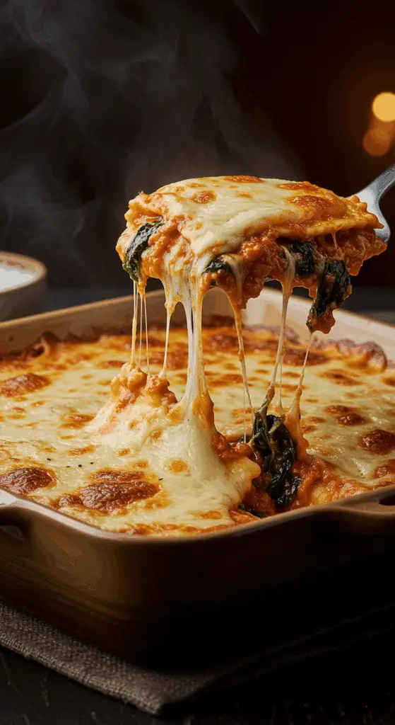 A beautiful, golden-brown homemade Cheesy Veggie Ravioli Bake in a casserole dish with a cheesy, creamy scoop removed.