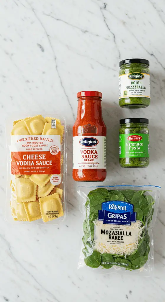 The 5 simple, convenient, store-bought ingredients for the easy and cheesy Veggie Ravioli Bake recipe.