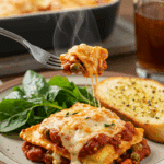 A cozy plate of homemade, cheesy and creamy Veggie Ravioli Bake being served for a family dinner.