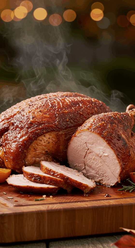 A stunning, perfectly golden-mahogany and crispy-skinned Deep-Fried Turkey on a carving board.