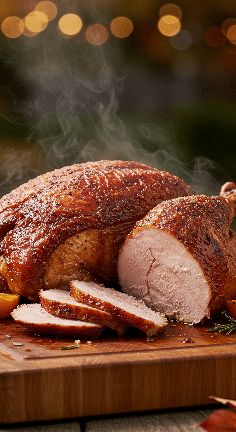 A stunning, perfectly golden-mahogany and crispy-skinned Deep-Fried Turkey on a carving board.