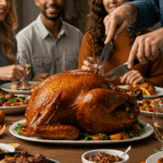 The beautiful, deep-fried turkey as the centerpiece of a happy Thanksgiving dinner table.