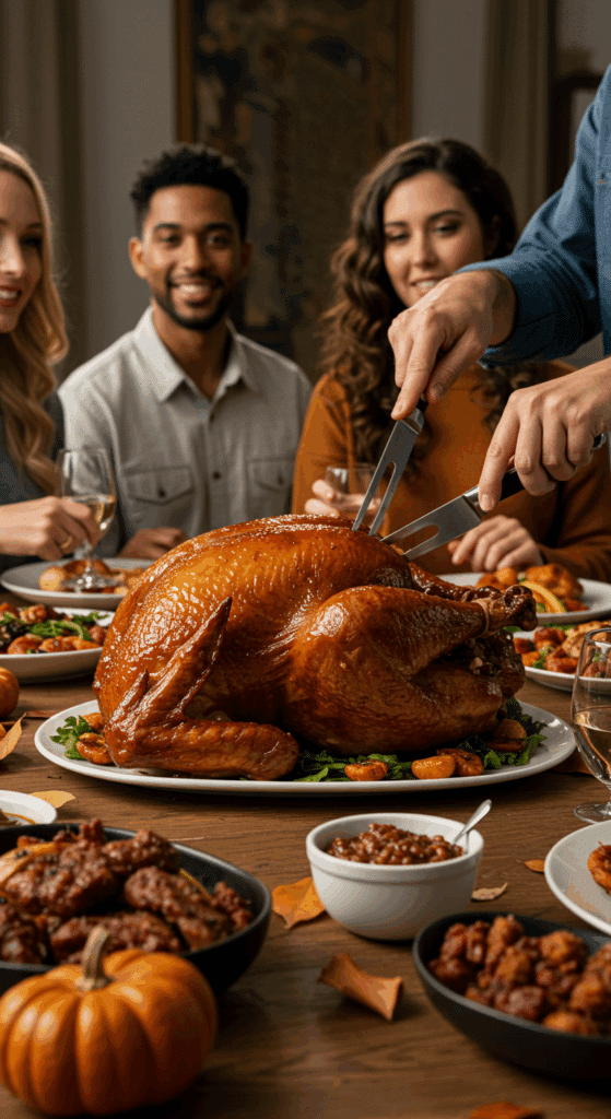 The beautiful, deep-fried turkey as the centerpiece of a happy Thanksgiving dinner table.
