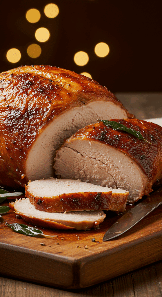 A stunning, perfectly roasted Thanksgiving turkey with a deep mahogany, crispy skin, a result of the perfect brine.