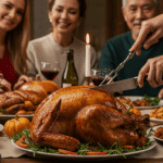 The beautiful, brined and roasted turkey as the centerpiece of a happy Thanksgiving dinner table.