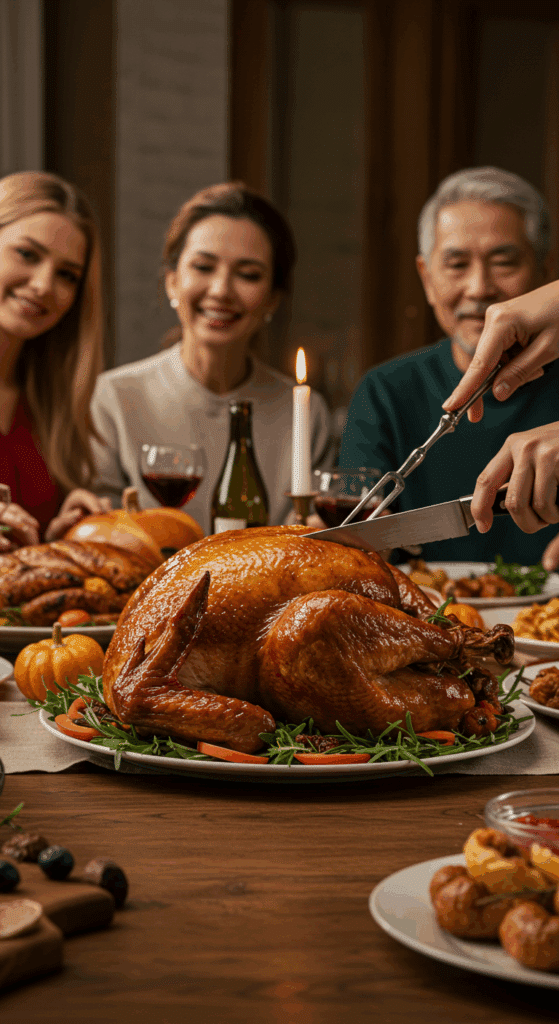 The beautiful, brined and roasted turkey as the centerpiece of a happy Thanksgiving dinner table.