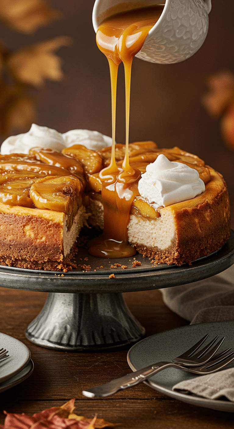A beautiful, creamy, homemade Caramel Apple Cheesecake on a cake stand with a slice being drizzled with caramel sauce.