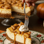 A beautiful slice of Caramel Apple Cheesecake being served as dessert at a festive Thanksgiving dinner.