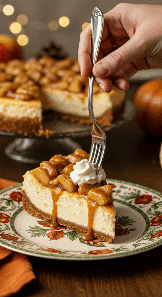 A beautiful slice of Caramel Apple Cheesecake being served as dessert at a festive Thanksgiving dinner.