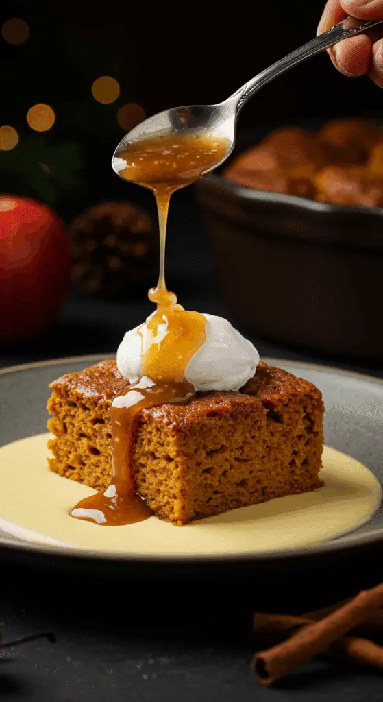 An elegant, plated serving of gourmet Pumpkin Bread Pudding with two beautiful dessert sauces and whipped cream.