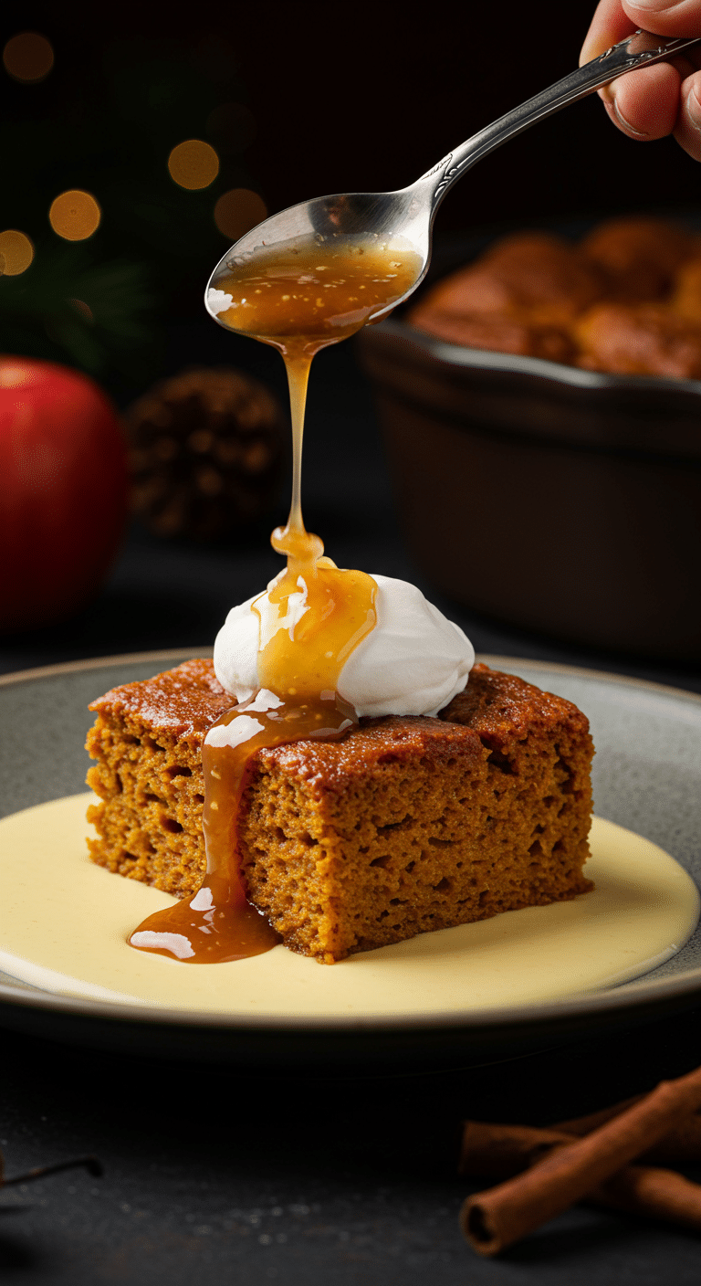 An elegant, plated serving of gourmet Pumpkin Bread Pudding with two beautiful dessert sauces and whipped cream.