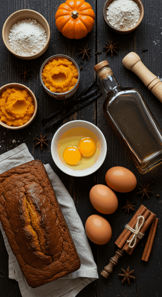The beautiful, from-scratch ingredients for the gourmet Pumpkin Bread Pudding and its sauces.