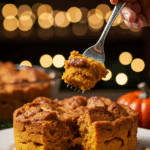 A beautiful plate of gourmet Pumpkin Bread Pudding being served as dessert at a festive holiday dinner.