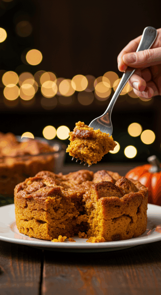A beautiful plate of gourmet Pumpkin Bread Pudding being served as dessert at a festive holiday dinner.