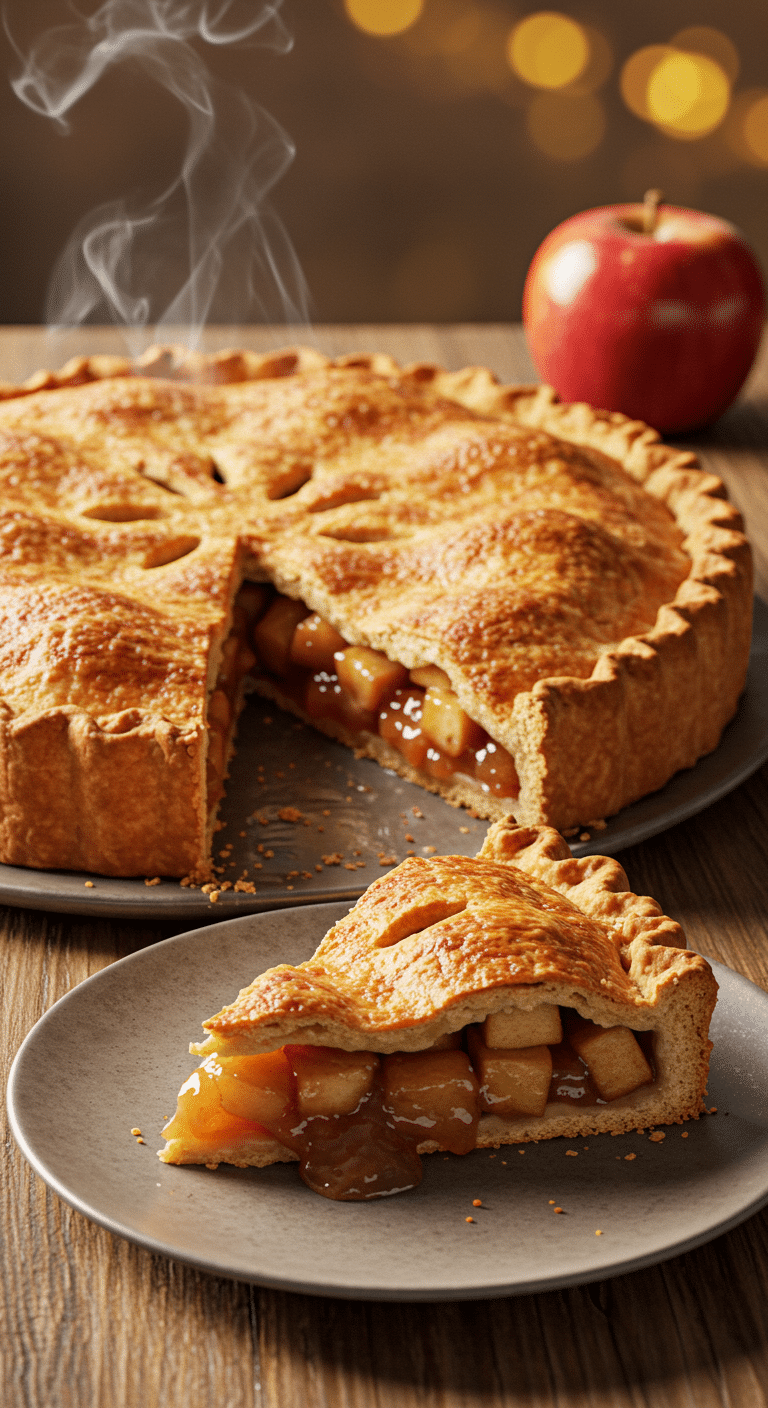 A beautiful, golden-brown homemade Apple Pie with a flaky crust and a perfect slice removed to show the jammy filling.