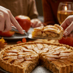 Slicing into a beautiful, homemade Apple Pie with a perfect, flaky crust at a festive holiday dinner.
