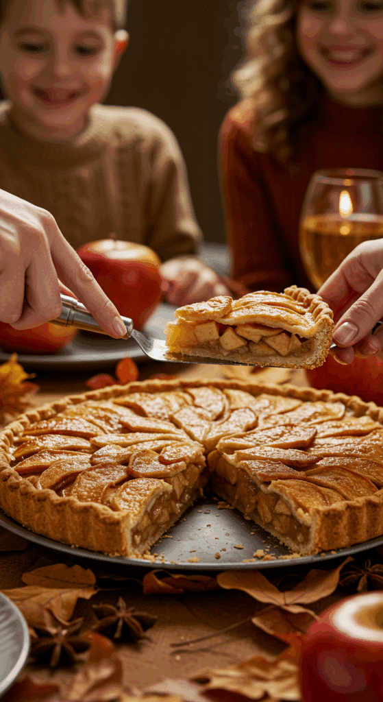 Slicing into a beautiful, homemade Apple Pie with a perfect, flaky crust at a festive holiday dinner.