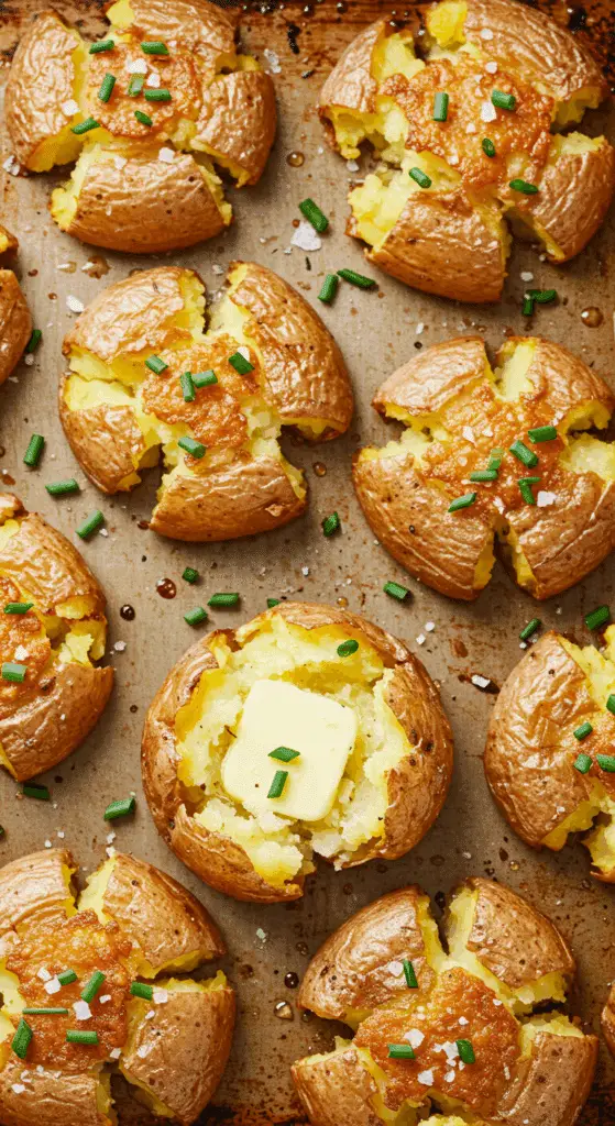 A beautiful sheet pan of golden-brown and super crispy, homemade smashed mashed potatoes.