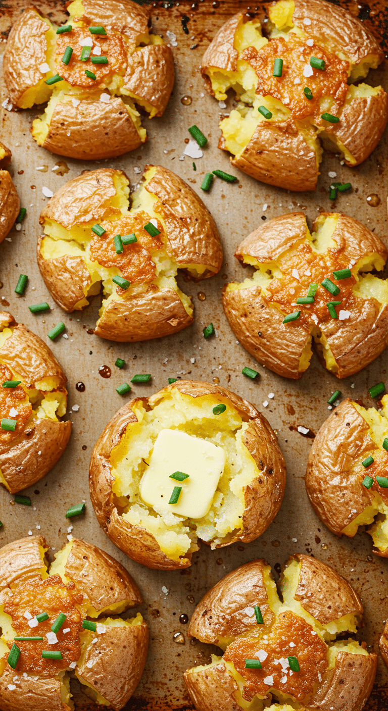 A beautiful sheet pan of golden-brown and super crispy, homemade smashed mashed potatoes.