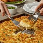 The sheet pan of finished, crispy mashed potatoes being served as a popular side dish at a family dinner.